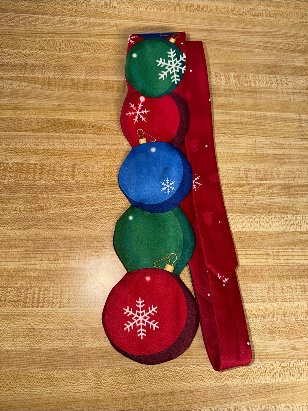 Festive Christmas Ornament Necktie in Red with Green & Blue Baubles